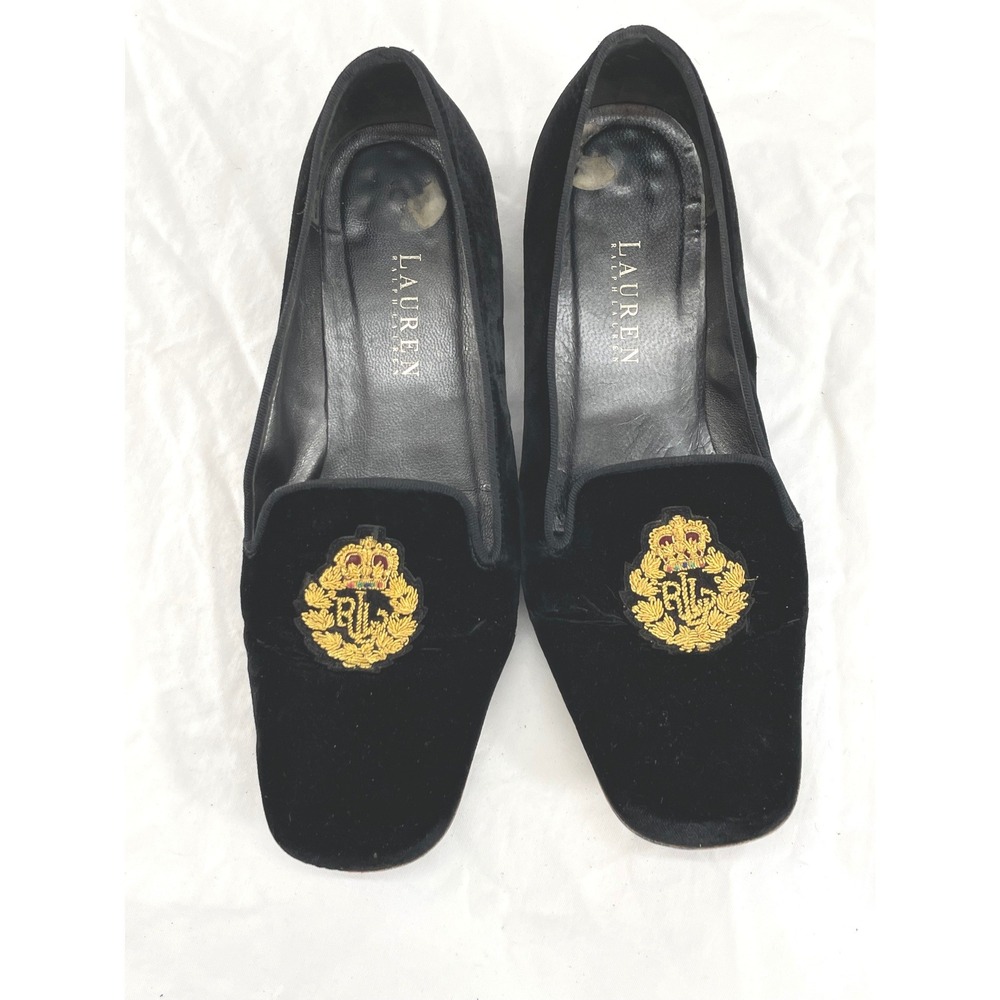 Lauren Ralph Lauren Womens Loafers 8.5B Velvet Black Crest Logo Elegant Preppy